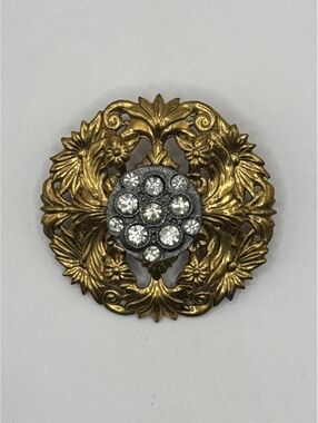 Vintage 1930s 1940s Gold Tone Floral Rhinestone Brooch Victorian Revival
